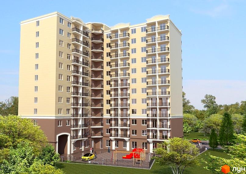 Зображення фасаду Новобудови Два Академіка. Багатоповерховий будинок з балконами та дитячим майданчиком на прибудинковій території.