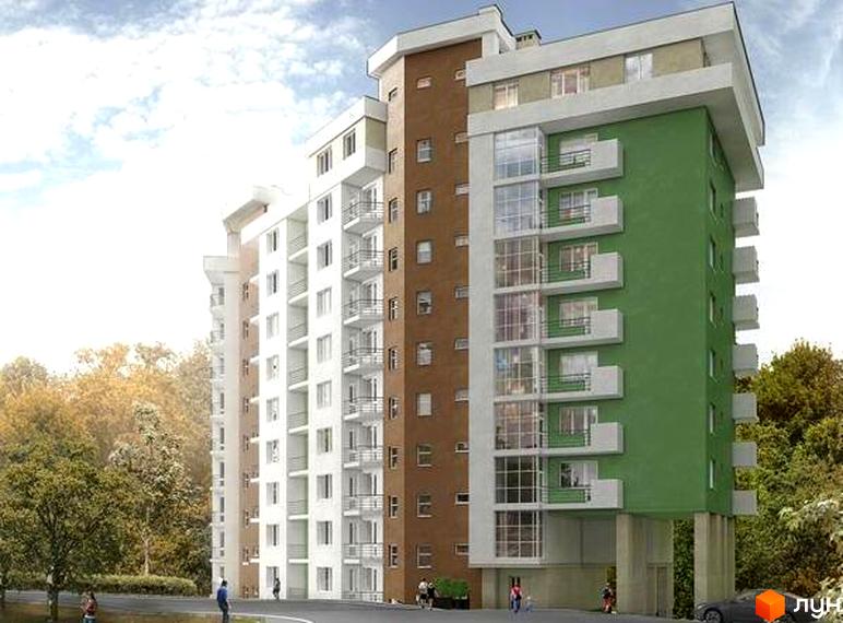 Зовнішній вигляд новобудови на вул. Медової Печери, 40. Будинок має коричневу та зелену секції з численними балконами та великими вікнами. Навколо будівлі розташовані дерева та невелика прибудинкова територія з пішоходами.