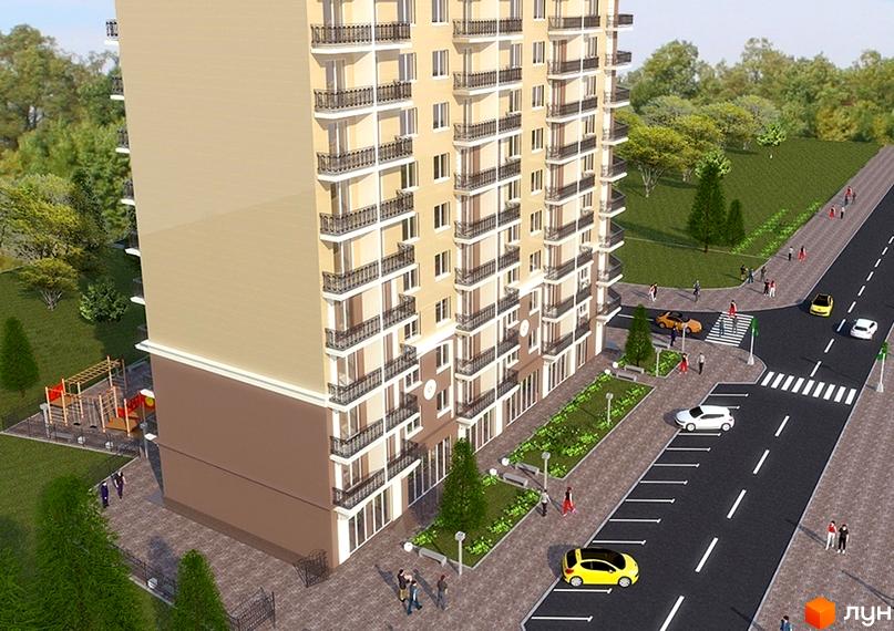 Зображення фасаду Новобудови Два Академіка та прибудинкової території з парковкою, тротуаром та пішохідним переходом.