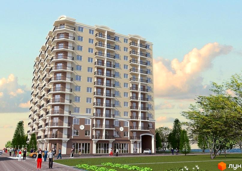 Зображення багатоповерхового будинку з балконами. На передньому плані пішохідна зона та зелені насадження біля Житлового комплексу Два Академіка.