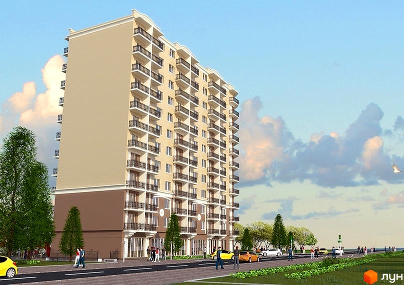 Зображення фасаду Житлового комплексу Два Академіка. Багатоповерхова будівля з балконами та прибудинковою територією.