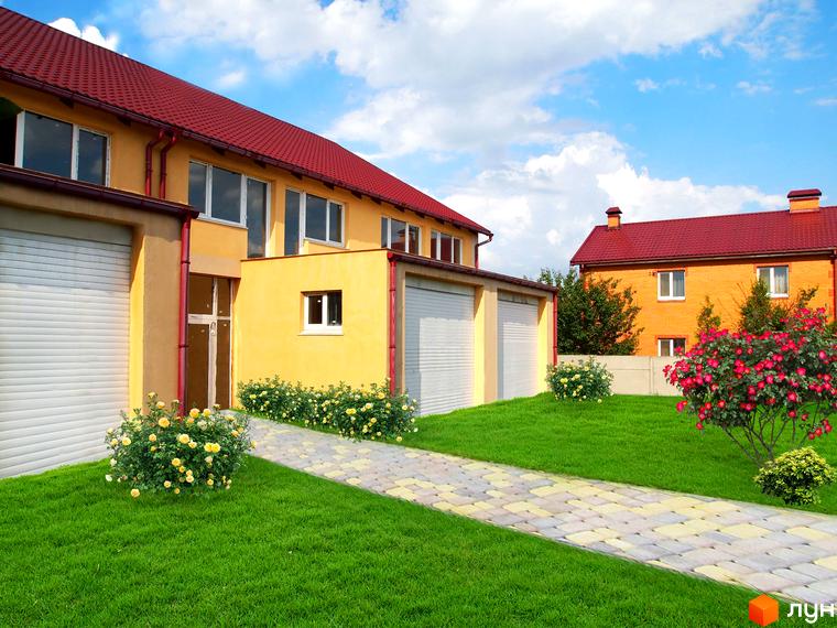 Зображення двоповерхового будинку з червоним дахом та жовтими стінами. На подвір'ї зелений газон, квіти та доріжка з тротуарної плитки.