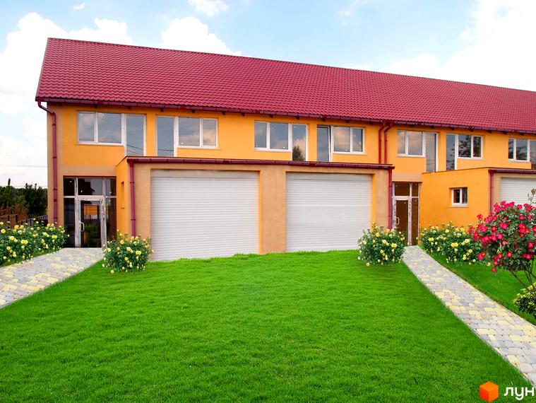 Зображення фасаду та прибудинкової території новобудови на вулиці Комарова, 45. Двоповерховий будинок з червоним дахом та зеленим газоном.