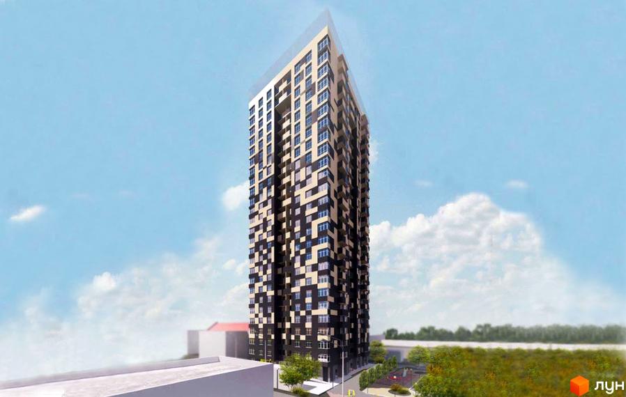 Новобудова на Платонівському провулку, 6 з незвичайною фасадною обробкою. Навколо новобудови розташовані зелені насадження та дитячий майданчик.