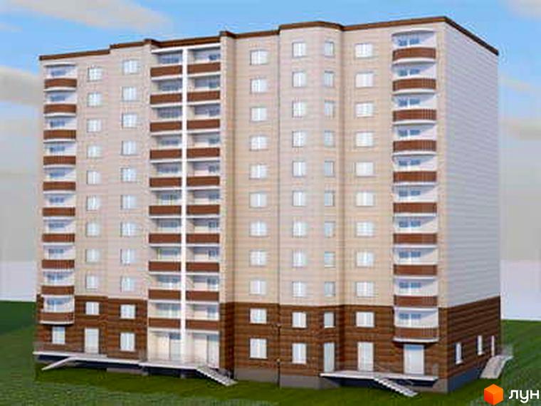 Зображення багатоповерхового будинку за адресою вул. Любецька, 2а. Фасад будівлі з великою кількістю вікон та балконів.