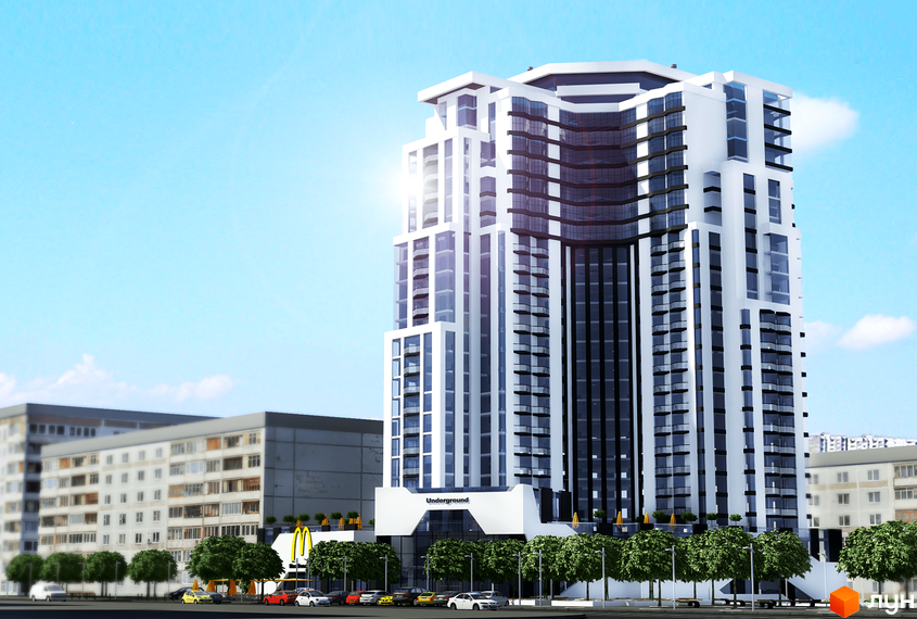 Зображення висотної будівлі Житлового комплексу Olimp Tower з великими вікнами та балконами. На передньому плані дерева та припарковані автомобілі.