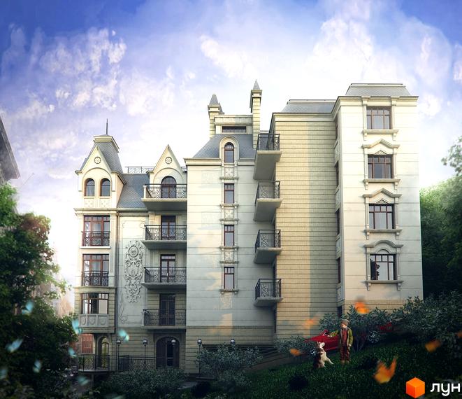 Елегантний житловий комплекс на вул. Лисенка, 57 з вишуканим фасадом та балконами. На прибудинковій території розташовані дерева та зелені насадження.