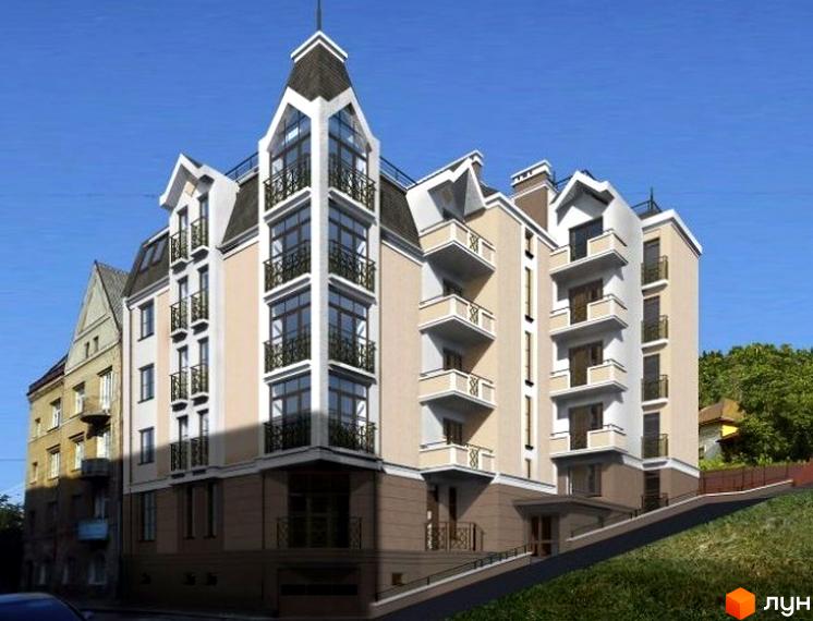 Новобудова на вулиці Лисенка, 57. Будинок має багатоповерхову структуру з балконами та вікнами, а також прибудинкову територію з газоном та під'їзною дорогою.