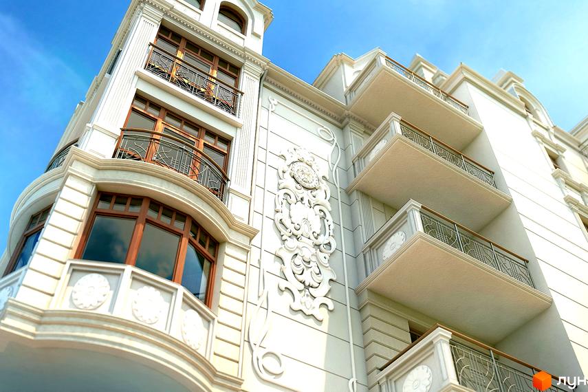 Елегантна новобудова на вул. Лисенка, 57, з вишуканим фасадом, балконами та архітектурними деталями. Зовнішній вигляд будівлі вражає своєю класичною красою та витонченістю.