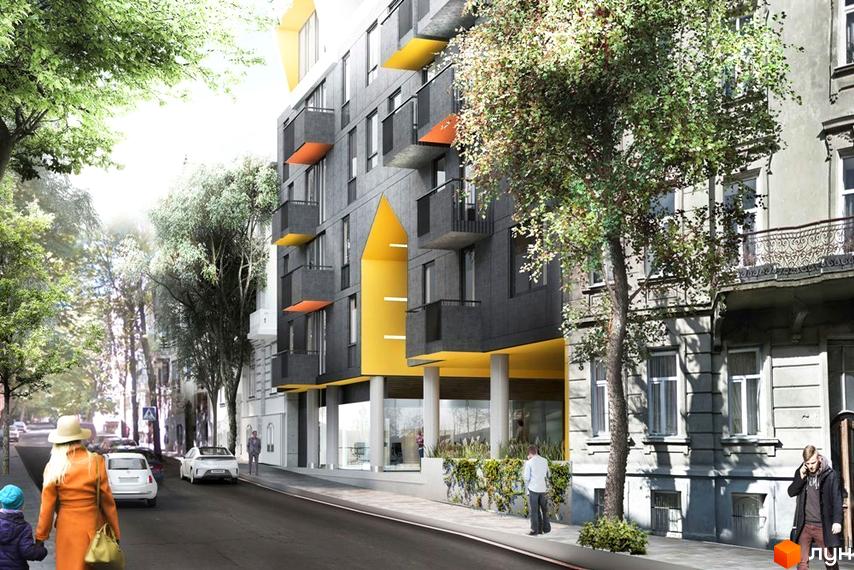 Зображення фасаду будинку на вул. Єфремова, 26. Житловий комплекс з балконами та жовтими вставками, поруч дерева та дорога.