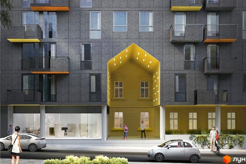 Зображення будинку на вулиці Єфремова, 26. Фасад сірого кольору з жовтими вставками та великими вікнами. Перед будинком тротуар, автомобілі та зелені насадження.