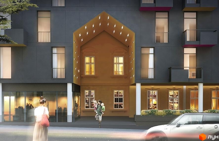 Зображення фасаду будинку на вулиці Єфремова, 26. Житловий комплекс з сірим фасадом та великими вікнами, на передньому плані пішоходи та автомобіль.