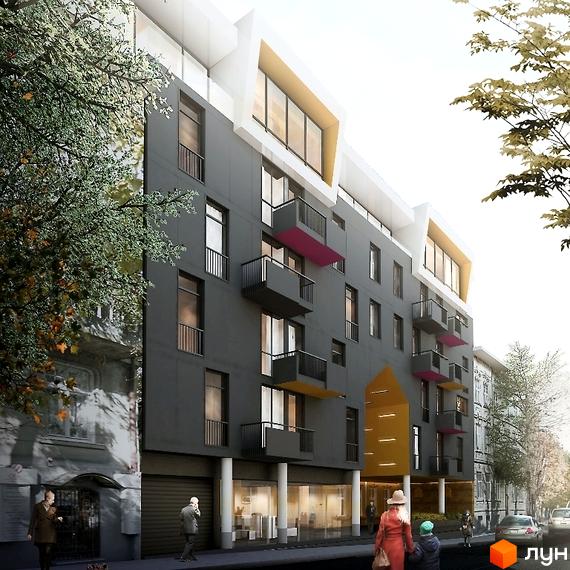 Зображення фасаду будинку на Єфремова, 26. Багатоповерхова будівля з балконами та великими вікнами, розташована вздовж вулиці з деревами.