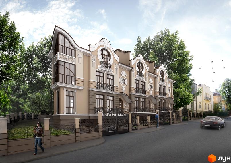 Фасад житлового комплексу на вул. Барвінських, 1а, з елементами класичної архітектури та кованими балконами. Прибудинкова територія огороджена парканом з елементами ковки.