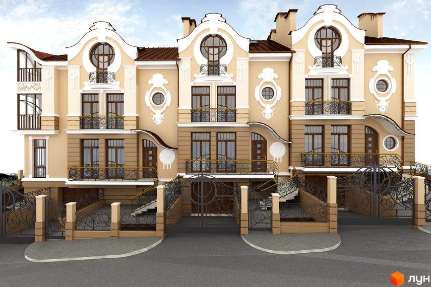 Фасад житлового комплексу на вул. Барвінських, 1а, з елегантними балконами та вікнами. Огороджена територія з кованими воротами та сходами.