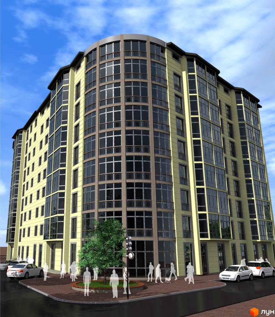 Зовнішній вигляд житлового комплексу на вул. Довга, 20в з великою кількістю вікон та балконів. На прибудинковій території видно людей та автомобілі.