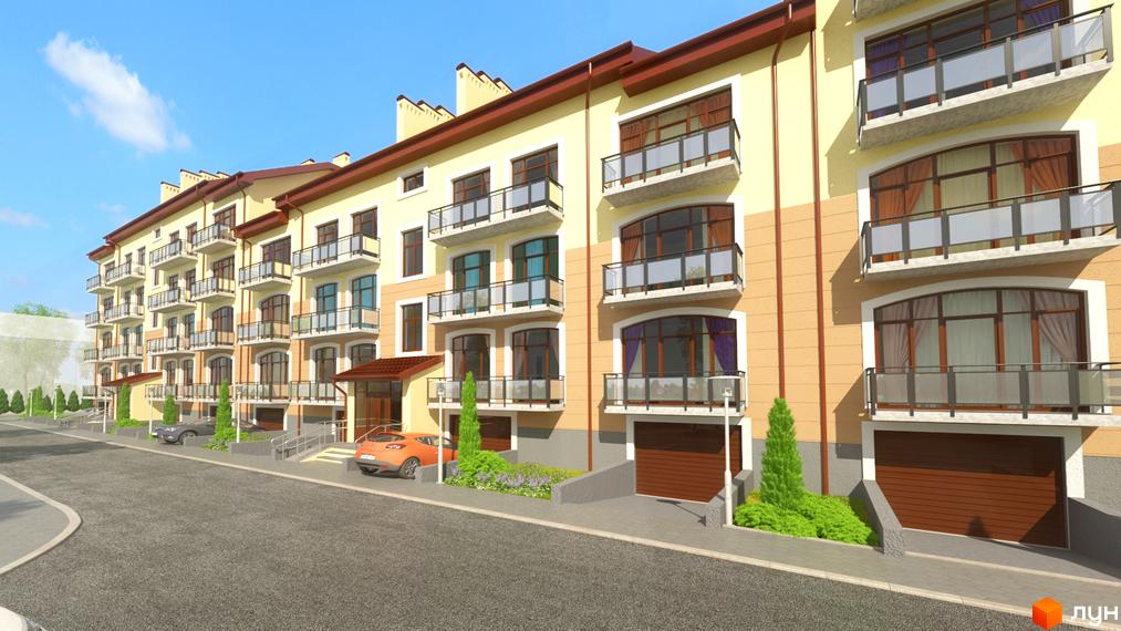 Житловий комплекс Кам'янецький. Фасад будинку з балконами та гаражними воротами. Прибудинкова територія з автомобілями та зеленими насадженнями.