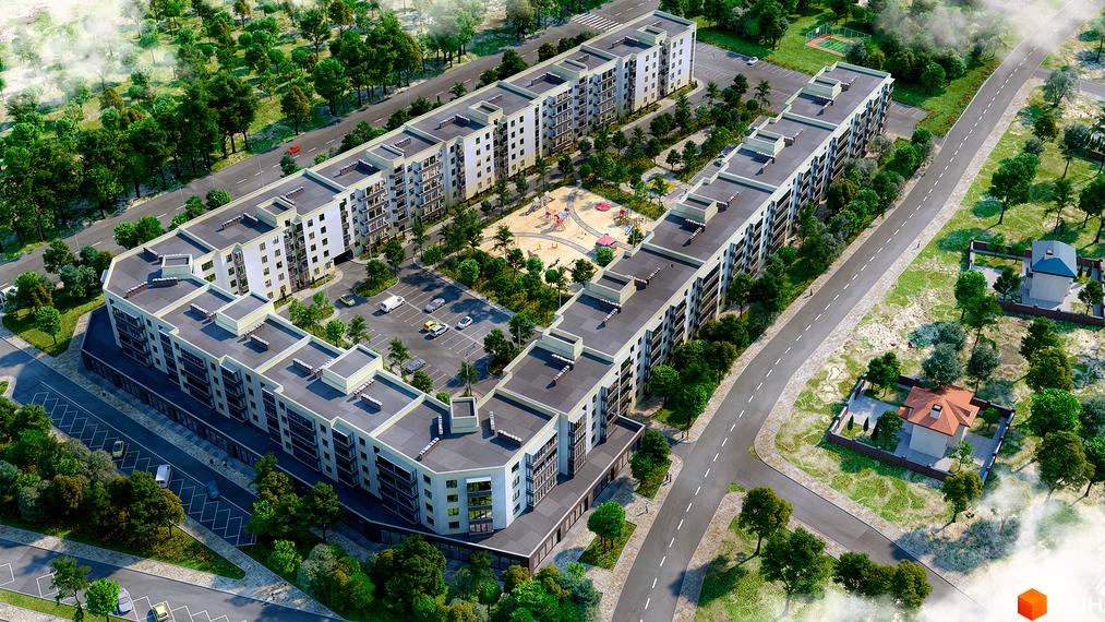 Житловий комплекс Софія – це багатоповерхові будівлі світлого кольору з балконами, оточені дитячим майданчиком та парковкою.