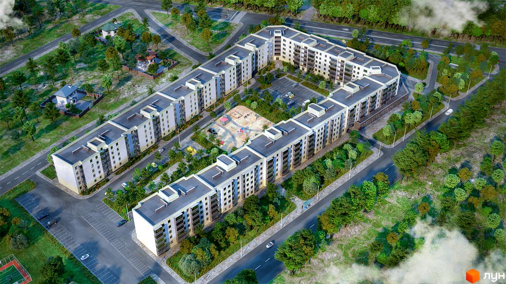 Житловий комплекс Софія - сучасна новобудова з паркінгом та дитячим майданчиком. Оглядовий вид на будівлі та прибудинкову територію з деревами та дорогами.