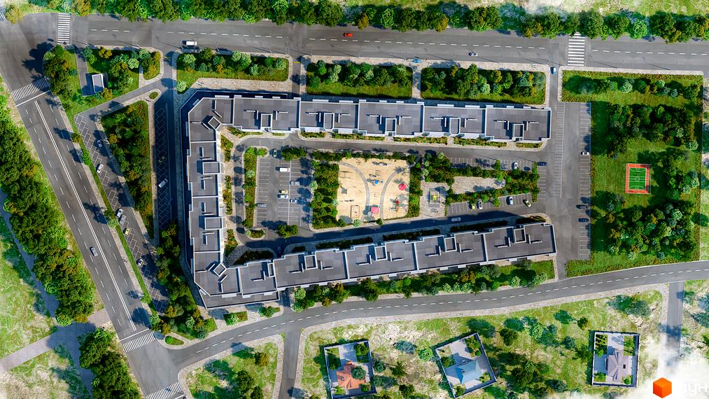 Житловий комплекс Софія: вид зверху на багатоквартирні будинки з сірими дахами та прибудинкову територію з дитячим майданчиком, парковкою та спортивним полем.