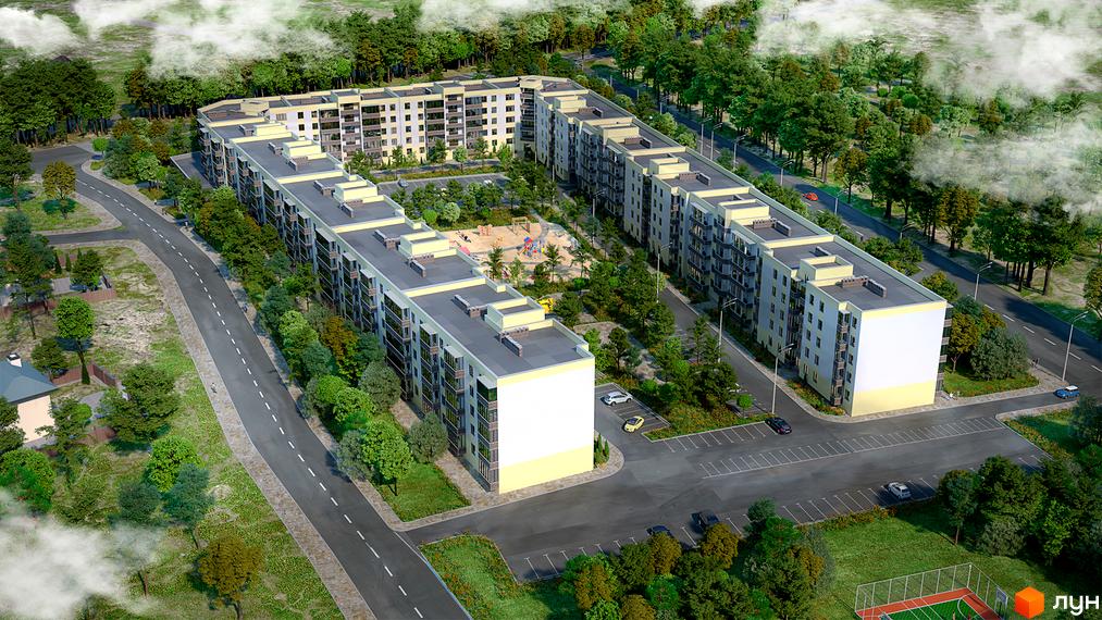 Житловий комплекс Софія - вид зверху на багатоквартирні будинки з жовтими елементами та прибудинкову територію із зеленими насадженнями та дитячим майданчиком.