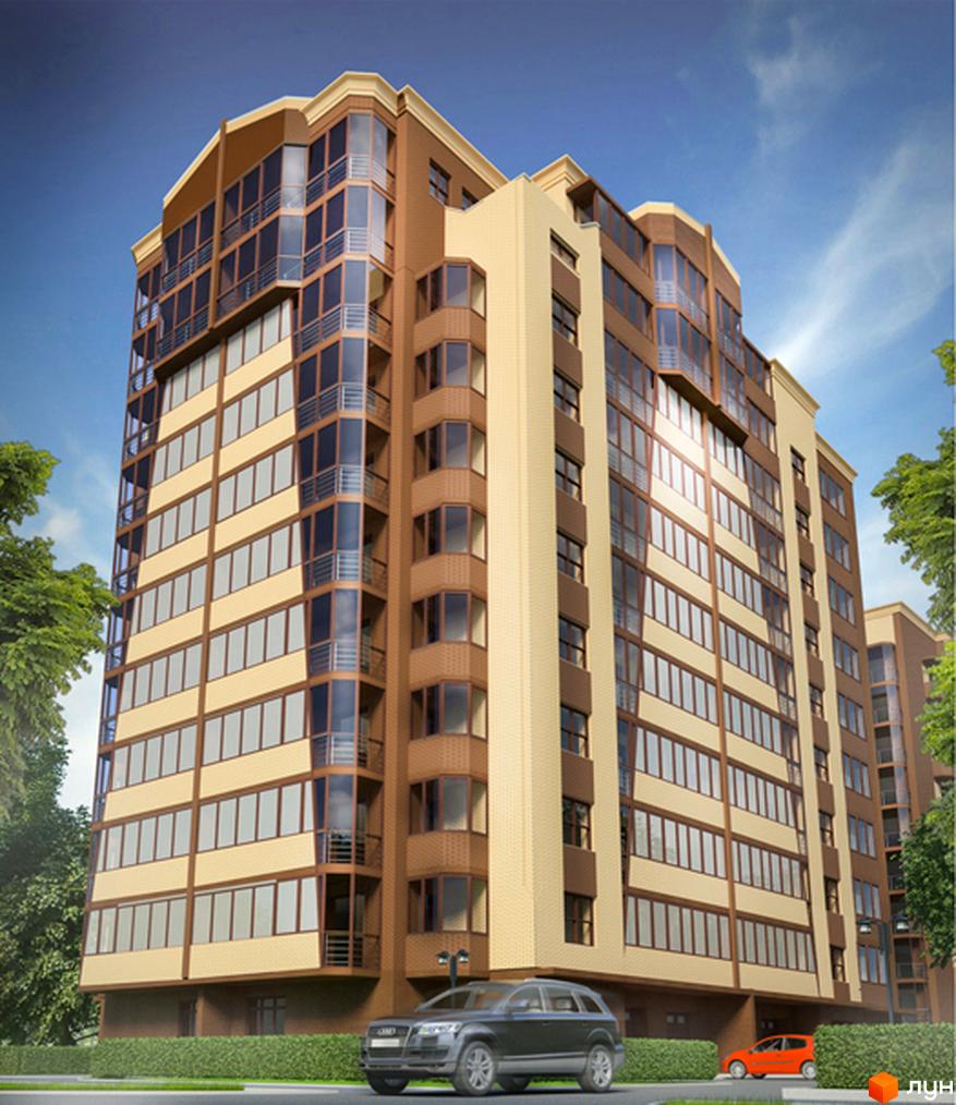 Житловий комплекс Бристоль - багатоповерхова новобудова з коричневими та світло-бежевими фасадами, великими вікнами та балконами. Перед будинком розташовані зелені насадження та автомобілі.