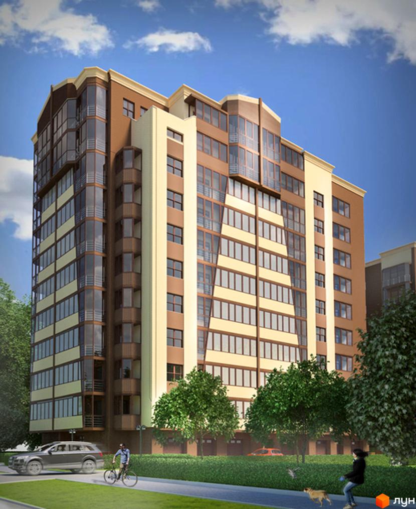 Житловий комплекс Бристоль – це багатоповерхова новобудова коричнево-бежевих кольорів з панорамним склінням. Навколо будинку розташовані зелені насадження та доглянута прибудинкова територія.