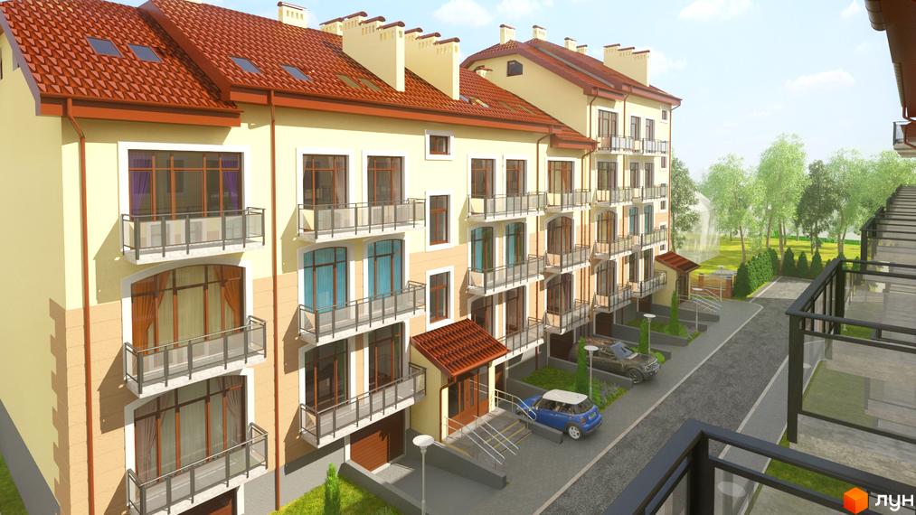 Зовнішній вигляд багатоквартирного будинку ЖК Кам'янецький з червоним черепичним дахом та балконами. Прибудинкова територія з деревами та парковкою.