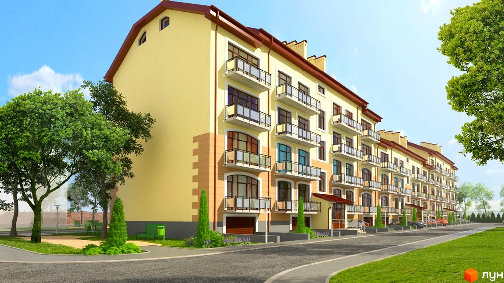 Житловий комплекс Кам'янецький - це багатоповерховий будинок з жовтим фасадом та балконами. Територія навколо прикрашена деревами та зеленню.