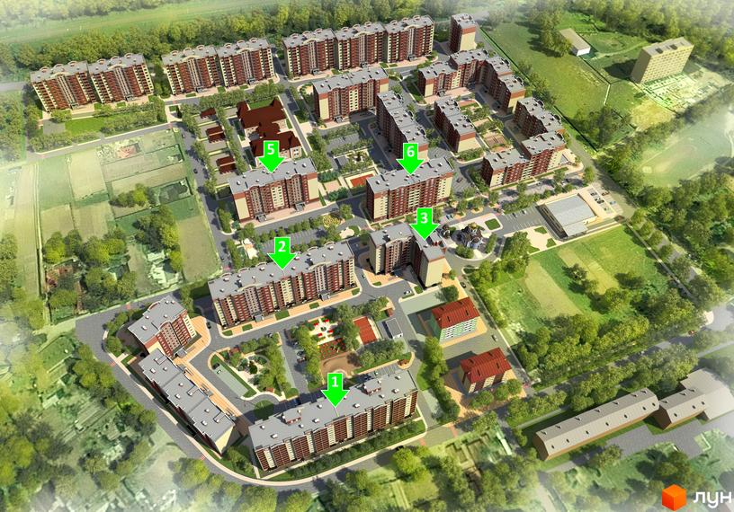 Житловий комплекс Квартал Тарасівський - вид зверху на багатоповерхові будинки з червоною цегляною облицюванням та сірими дахами. На території комплексу розташовані дитячі майданчики та зелені зони.