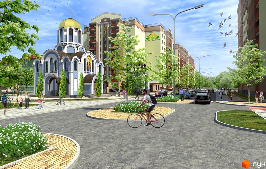 Зовнішній вигляд житлового комплексу Квартал Тарасівський з сучасними будинками та прибудинковою територією. Пішохідні доріжки, зелені насадження та велосипедисти.