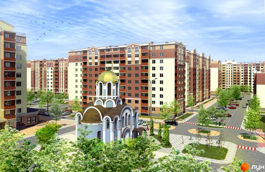 Житловий комплекс Квартал Тарасівський з сучасними будинками та облаштованою прибудинковою територією. Вид на зелені насадження та паркові зони.