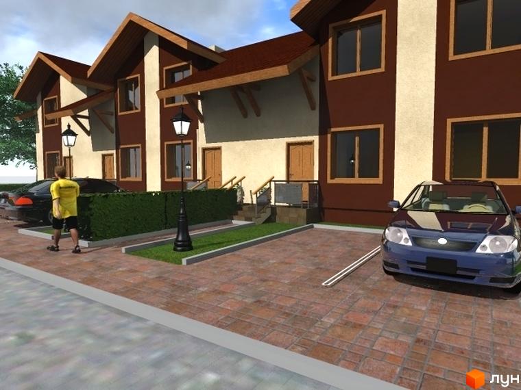 Зображення таунхаусів «Київський квартал». Двоповерхові будинки з коричневими дахами та світлими стінами, припарковані автомобілі та зелені насадження.