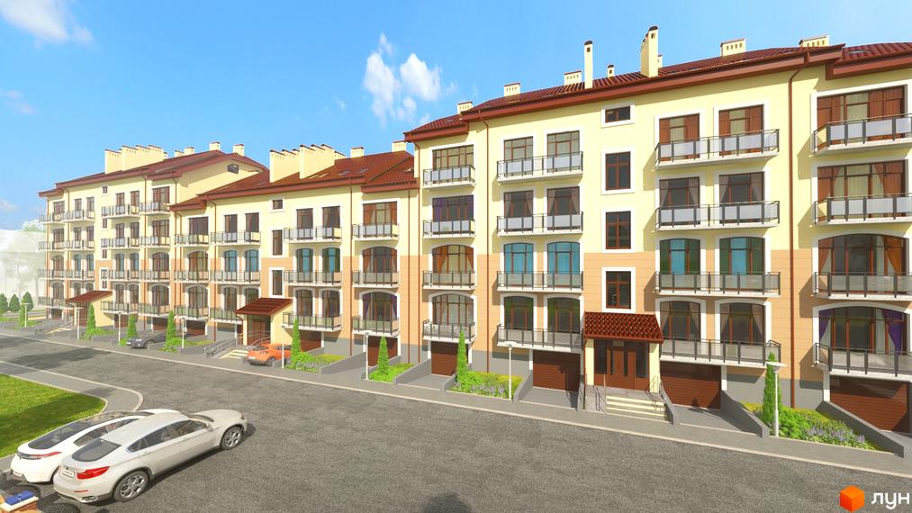 Житловий комплекс Кам'янецький: фасади жовтих будинків з червоними дахами та балконами. Прибудинкова територія з доглянутими газонами та припаркованими автомобілями.