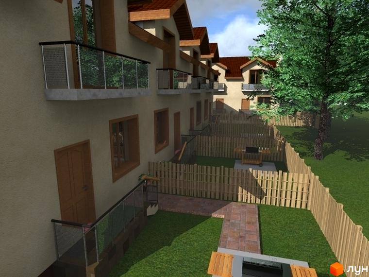 Зображення таунхаусів „Київський квартал“ з балконами та зеленим подвір'ям. Вигляд на фасади будинків та прибудинкову територію з газоном і доріжками.