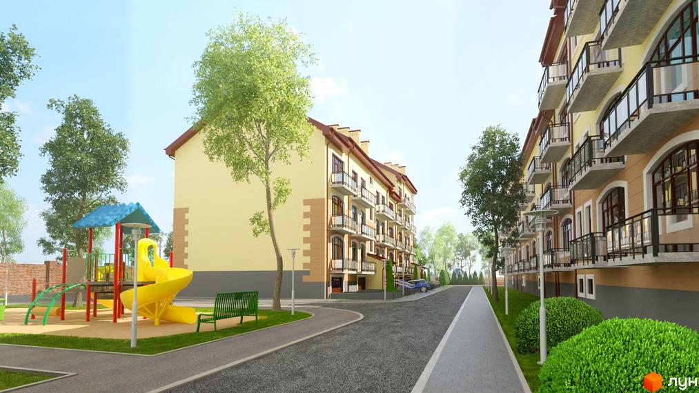 Житловий комплекс Кам'янецький: жовтий будинок з балконами та дитячим майданчиком. Зелені насадження та доглянута територія.