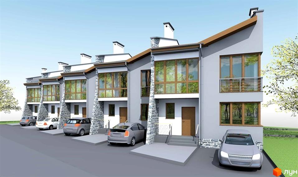 Зображення Котеджного містечка Карпатське. Вигляд таунхаусів з великими вікнами та оздобленням з каменю, перед будинками припарковані автомобілі.