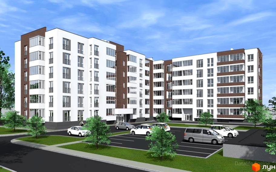 Житловий комплекс Сонячний майдан: багатоповерховий будинок з білими фасадами та коричневими вставками, оточений зеленими насадженнями та парковкою.