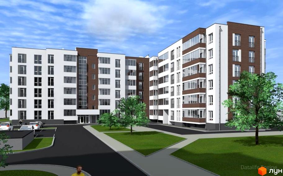 Житловий комплекс Сонячний майдан: біло-коричневий багатоповерховий будинок з великими вікнами та балконами. На території є зелені насадження та парковка.