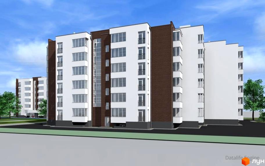 Житловий комплекс Сонячний майдан: білий багатоповерховий будинок з коричневими вставками, великими вікнами та балконами, оточений зеленими насадженнями.