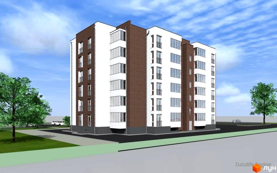 Житловий комплекс Сонячний майдан: багатоповерховий будинок з білими та коричневими фасадами, вікнами та балконами. Навколо зелені насадження, дерева та асфальтовані доріжки.