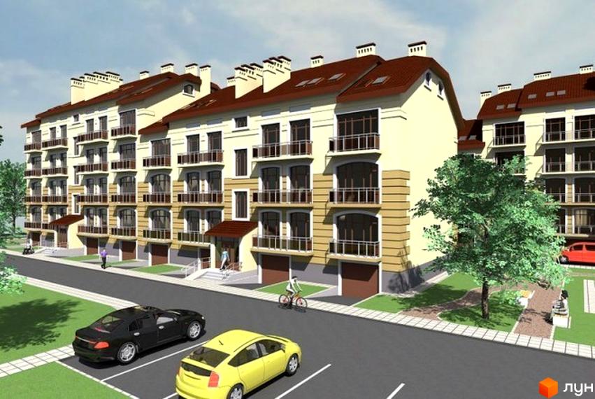 Житловий комплекс Кам'янецький: фасади будинків з балконами та вікнами, прибудинкова територія з деревами та автомобілями.