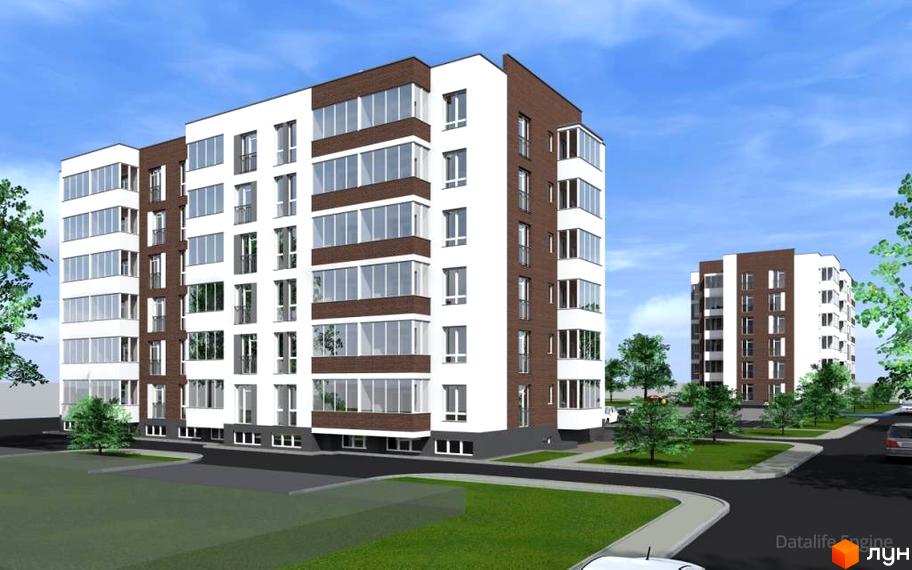 Житловий комплекс Сонячний майдан: багатоповерхові будинки з білими та коричневими фасадами, великими вікнами. Навколо – зелені газони та дерева.