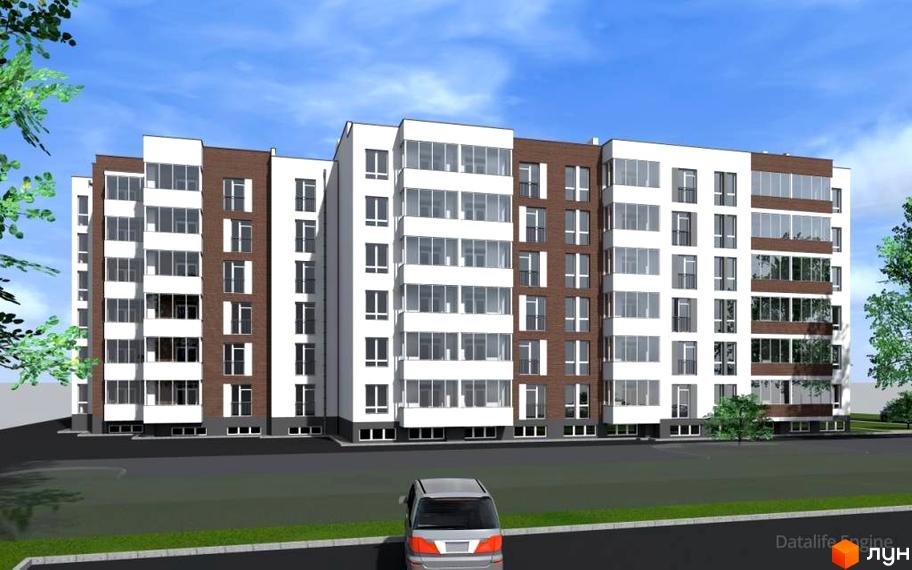 Зовнішній вигляд новобудови ЖК Сонячний майдан з коричневими та білими фасадами, великими вікнами та балконами. Перед будинком розташована дорога та зелена зона.