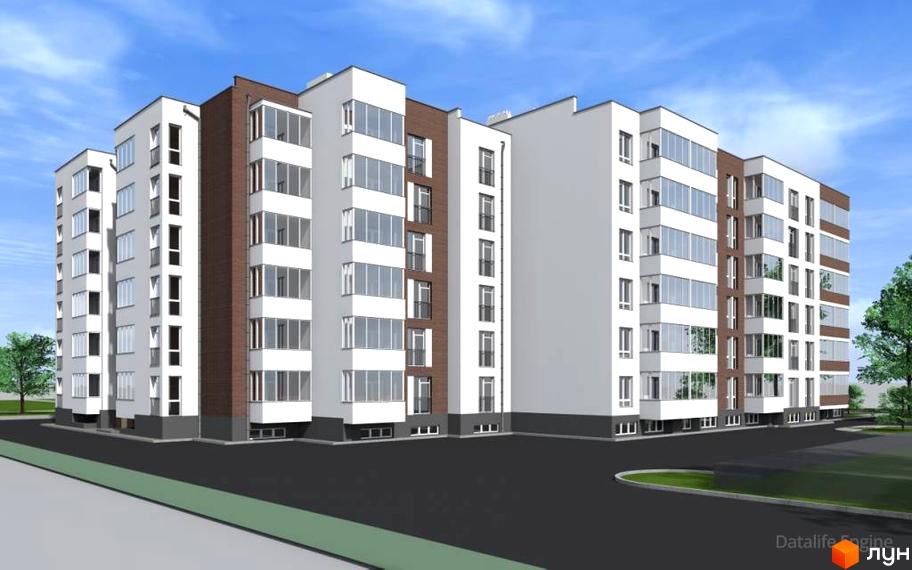 Житловий комплекс Сонячний майдан: багатоповерховий будинок з білими фасадами, коричневими вставками та великими вікнами. Прибудинкова територія з асфальтом та зеленню.