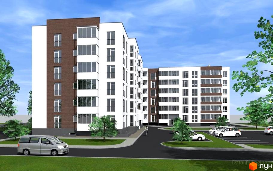 ЖК Сонячний майдан: багатоповерховий будинок біло-коричневого кольору із заскленими балконами. Прибудинкова територія з парковкою та деревами.