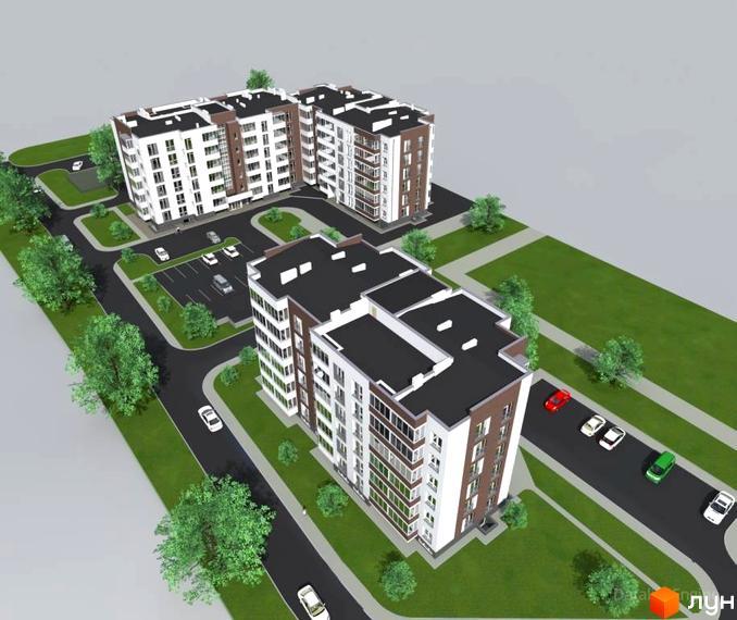 Житловий комплекс Сонячний майдан: багатоповерхові будинки з білими та коричневими фасадами. Прибудинкова територія має дороги, парковки з автомобілями та зелені насадження.