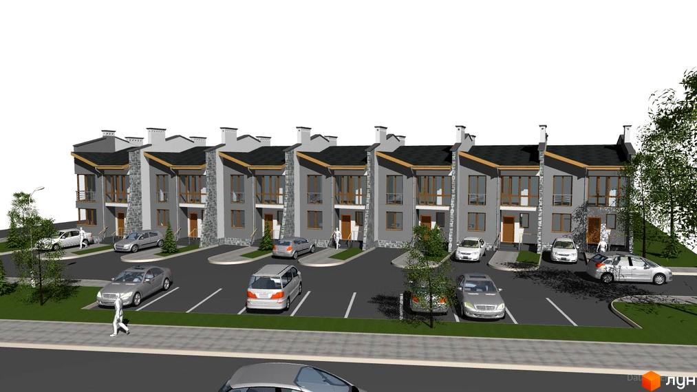 Зображення Котеджного містечка Карпатське: ряд двоповерхових будинків з сірими стінами та темними дахами. Перед будинками парковка з автомобілями та зелені насадження.