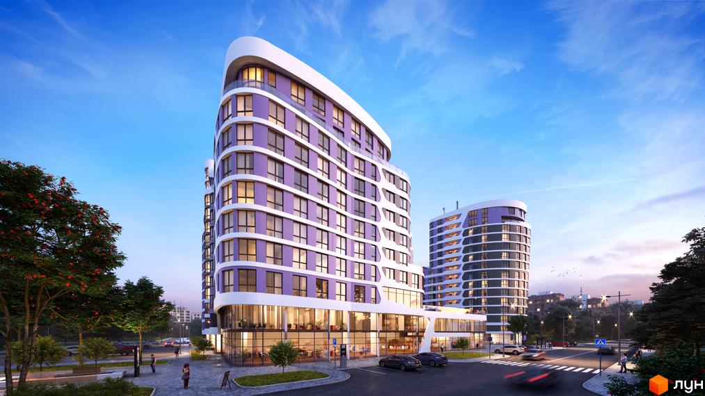 Житловий комплекс Парус Smart з фіолетовими фасадами та білими вигнутими елементами. Навколо будівель проїжджа частина, пішохідні зони та дерева.