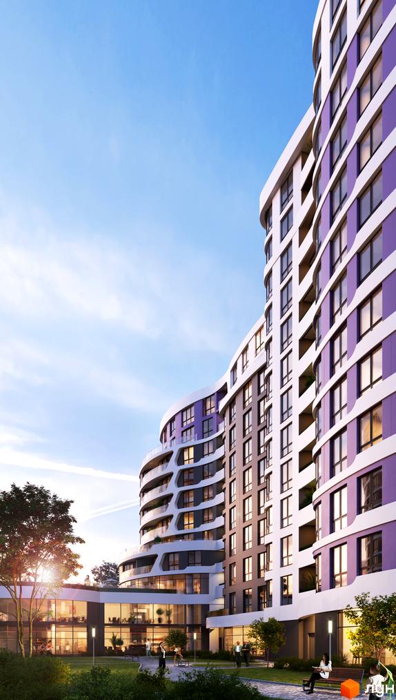 Житловий комплекс Парус Smart з вигнутими фасадами білого та фіолетового кольорів, великими вікнами та зеленим подвір'ям з доріжками та людьми.
